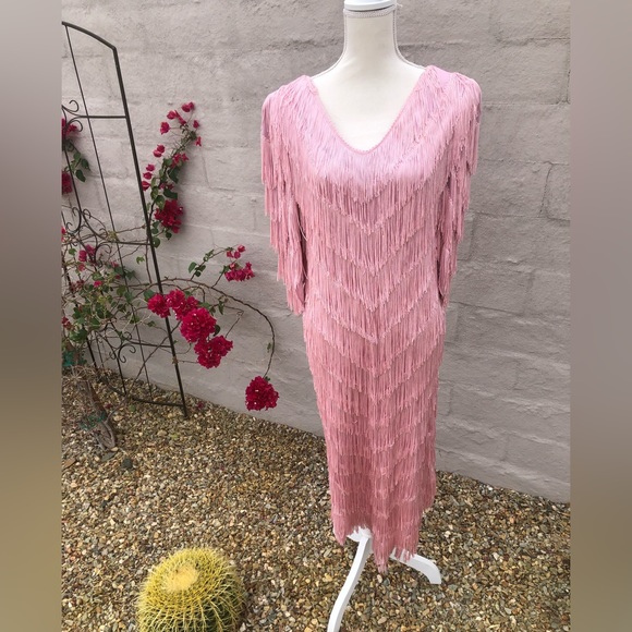 Vintage disco cowgirl Taylor swift like pink midi maxi fringe western dress - Picture 12 of 14